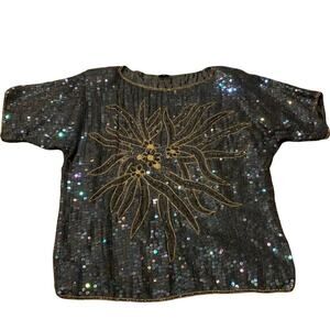 NWT Vintage Women's Sequin & Beaded Short Sleeve Top Black Gold Purple